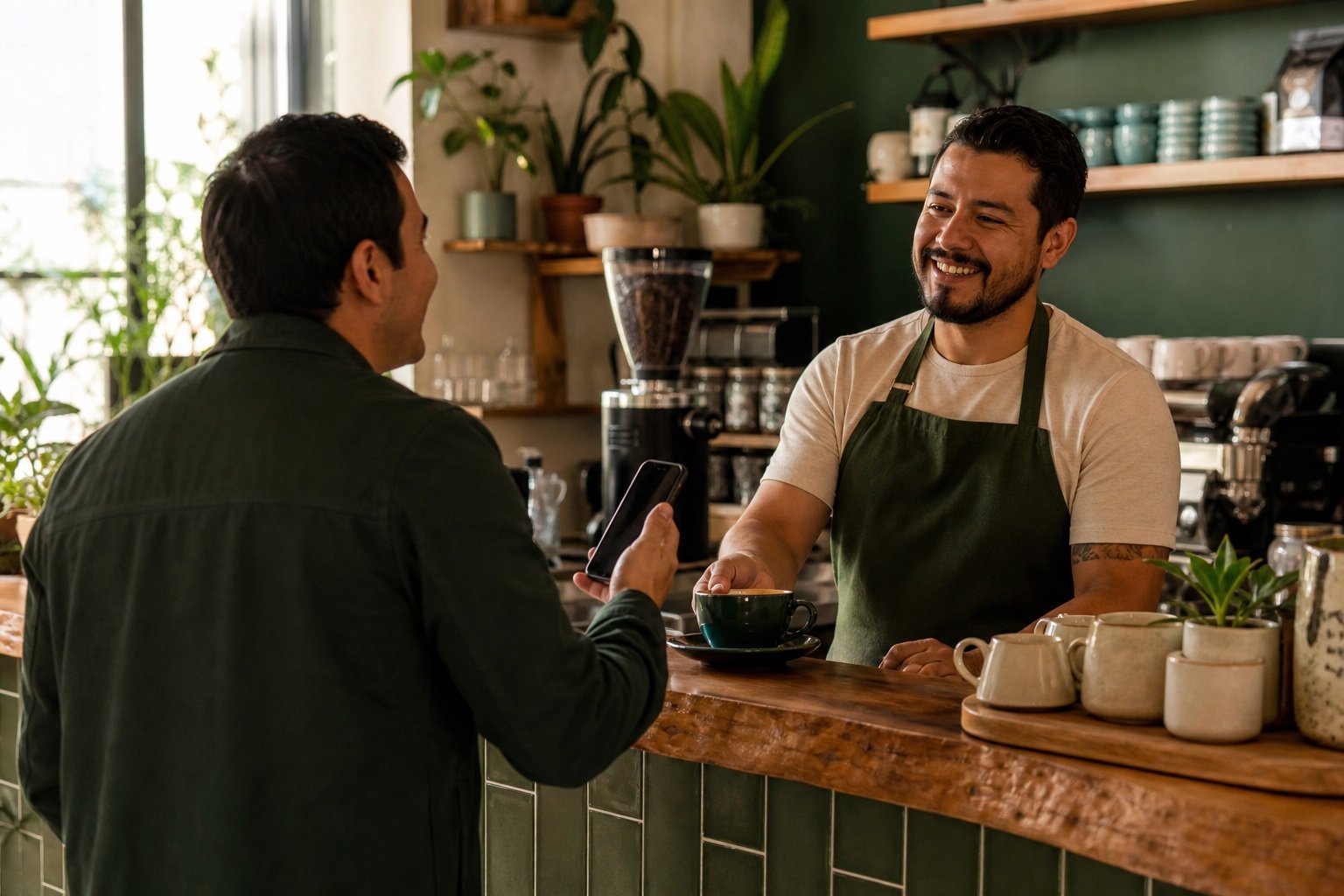 Cliente frecuente mostrando su tarjeta digital en una cafetería